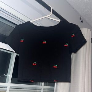 Black Crop Top with Cherries Size S